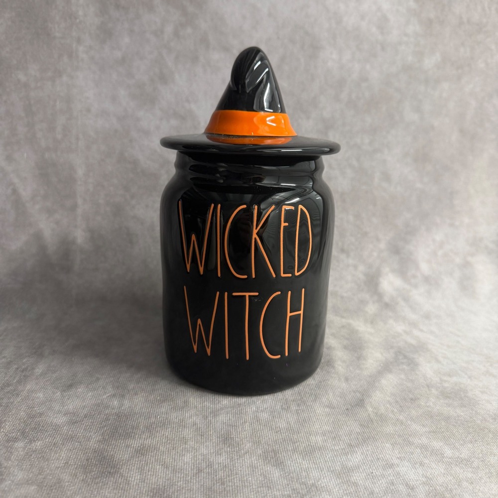 Rae Dunn Wicked Witch Canister Black Orange Halloween Hat Lid Ceramic Candy Jar